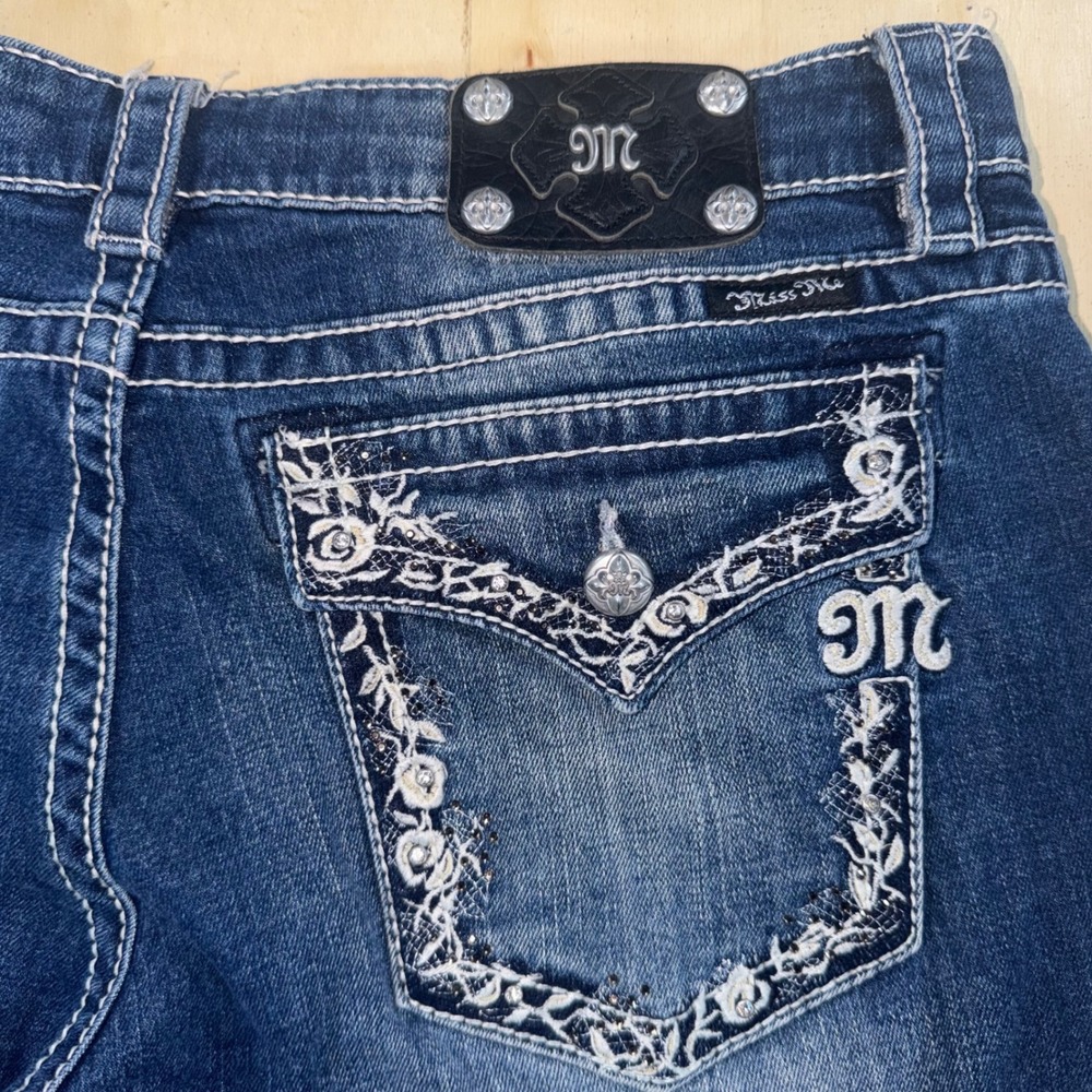 Miss Me Womens 33 Bootcut Jeans Dark Wash Embroidered Flap Pocket Bling Y2K